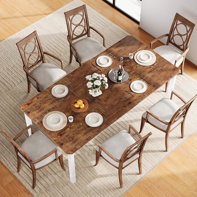 IDEALHOUSE 79" Dining Table for 6-8 People, Modern Rectangular Kitchen Table with Sturdy Metal Legs, Large Wood Farmhouse Dining Room Table for Home Office, Conference, White & Brown