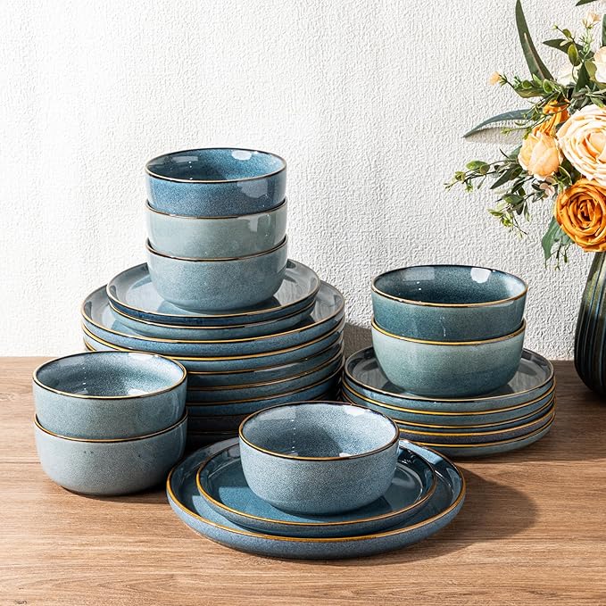 GBHOME Ceramic Dinnerware Sets for 4, 12 Pieces Stoneware Plates and Bowls Sets, Reactive Glaze Dishes -Scratch Resistant, Dishwasher&Microwave Safe, Space Blue