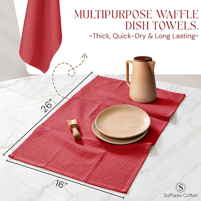 Red Waffle Kitchen Towels, 100% Cotton, Quick Dry, Super Absorbent, Soft, Lint-Free, 16x26 Inches, with Hanging Loop - Ideal for Dish Drying, Bar, Tea, Cleaning & Everyday Use, 4 Pack
