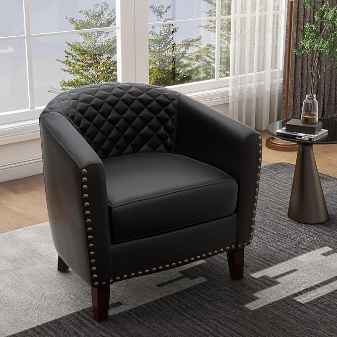 UIXE Faux Leather Barrel Accent Chairs Set of 2, Modern Club Upholstered Arm Chair, Comfy Armchair Nailed Trim Living Room Single Sofa Reading Seat Bedroom Side Sitting for Office, Black