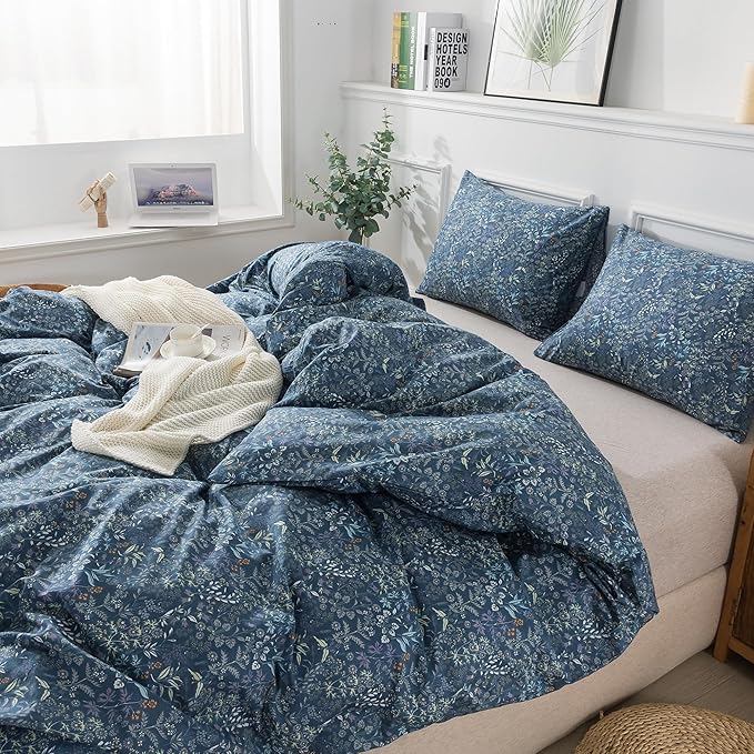 HoneiLife Duvet Cover Sets Twin - 100% Cotton Floral Comforter Cover, 2-PCS Breathable Bedding Set with Zipper Closure & Corner Ties, Wildflower Duvet Cover for All Season Use,Blueblack, King