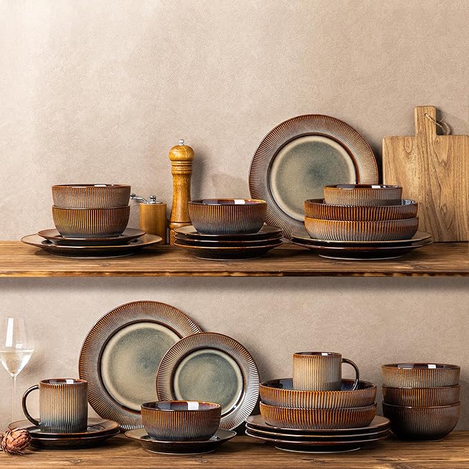 TheTerra Stoneware Dinnerware Sets for 6, 18 Pieces Ceramic Lightweight Plates and Bowls Sets, Scratch Resistant Embossed Dish Set, Oven, Microwave & Dishwasher Safe, Coca Mocha