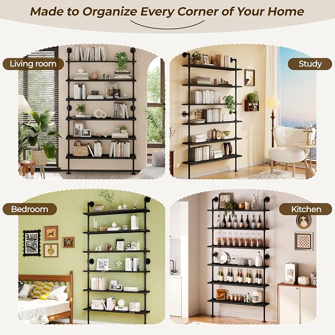 6 Tier Industrial Ladder Shelf Bookcase, Wall Mounted Rustic Bookshelf for Living Room Decor and Storage (Black, 6 Tier - 10" D x 48" W x 82.5" H)