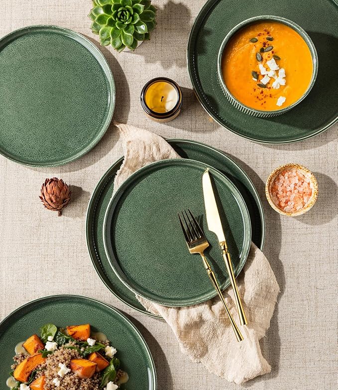 GBHOME 18-Piece Stoneware Dinnerware Set for 6 – Ribbed Ceramic Plates and Bowls, Scratch-Resistant, Microwave & Dishwasher Safe, Reactive Glaze, Dark Green