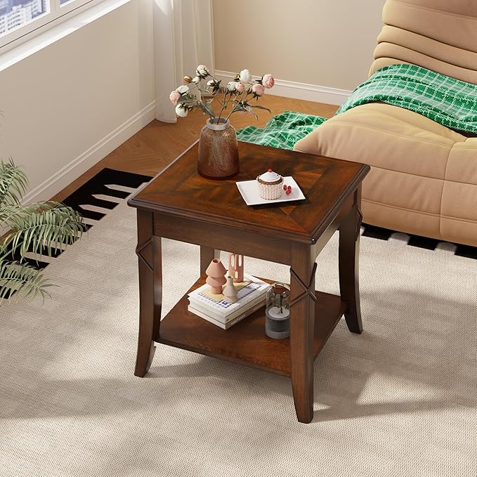 Solid Wood Side Table with Storage Shelf, Cherry Wood End Tables Living Room, Traditional Style End Table, Vintage Beside Table with Curved Legs for Apartment, Cherry Walnut Accent Table CJZ-DR200