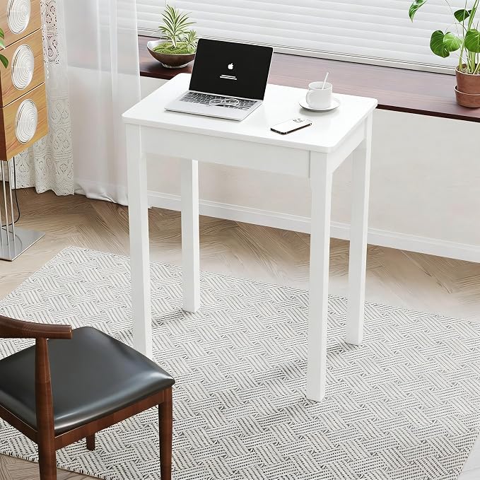 Solid Wooden Desk with Drawers - 24 x 16 Inch Narrow Desks for Small Spaces, Rubberwood Simple Study Table, Small Writing Desk for Bedroom - Modern White Desks