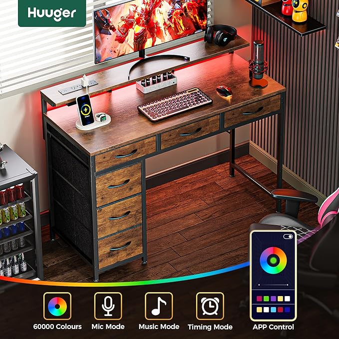 Huuger Gaming Desk with 6 Drawers, Computer Desk with LED Lights Power Outlets and Type-C, 39 Inch Office Desk with Storage, Monitor Stand, Writing Desk Work Desk Home Office, Study, Rustic Brown
