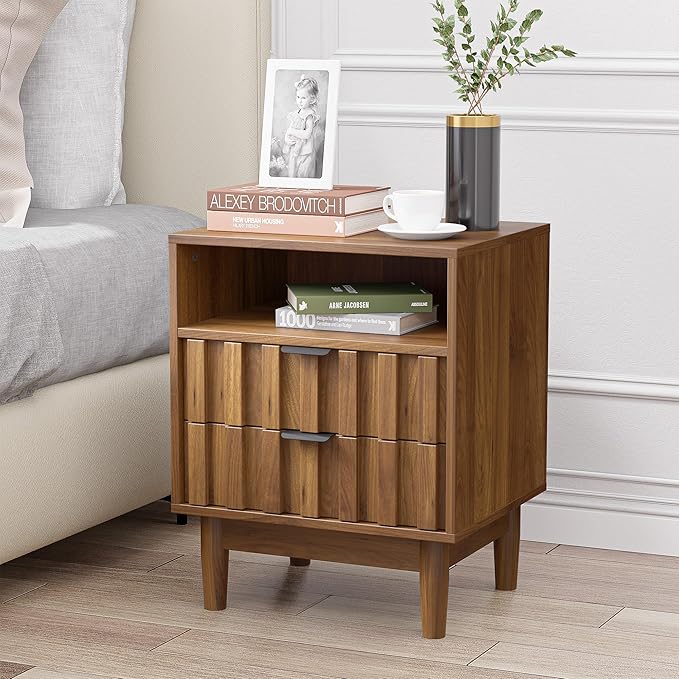 Fluted Nightstand Set of 2 with 2 Drawers, 19" Wide Night Stand with Solid Wood Legs, Open Storage Shelf, Mid Century Modern Wooden Bedside Table for Bedroom, Bed End Side Table, Walnut