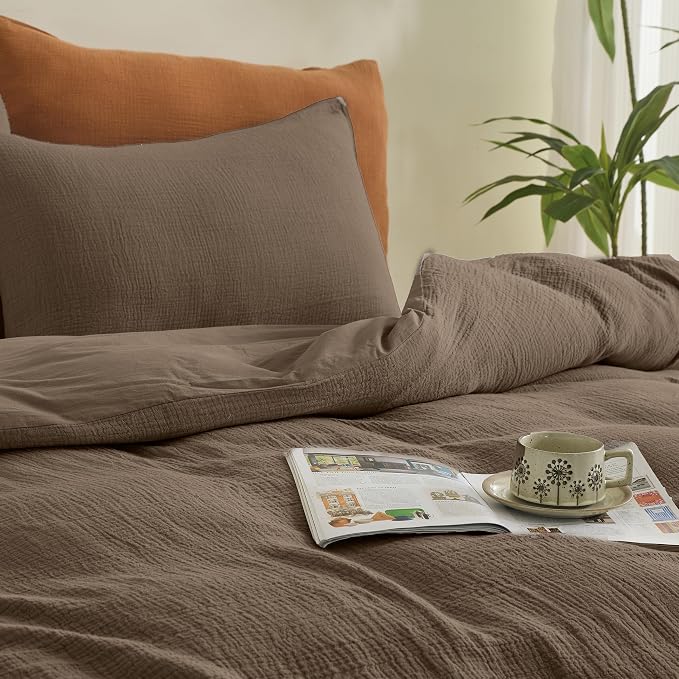 Simple&Opulence Linen Muslin Duvet Cover Set King Size, 3Pcs Brown Linen Cotton 3-Layer Gauze Minimalist Comforter Cover 104”x92”, Ultra Soft Breathable Seersucker Bedding Set with 2 Pillowcases