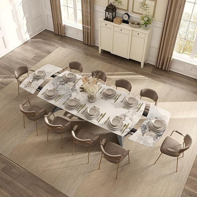 Extendable Dining Table with Leaf, 78"-110" Rectangular Sintered Stone, Marble-Look Top, Seats 6-14, Metal Base, Easy-Clean, Heat & Scratch Resistant, Dining Room/Kitchen Table for Family Gatherings