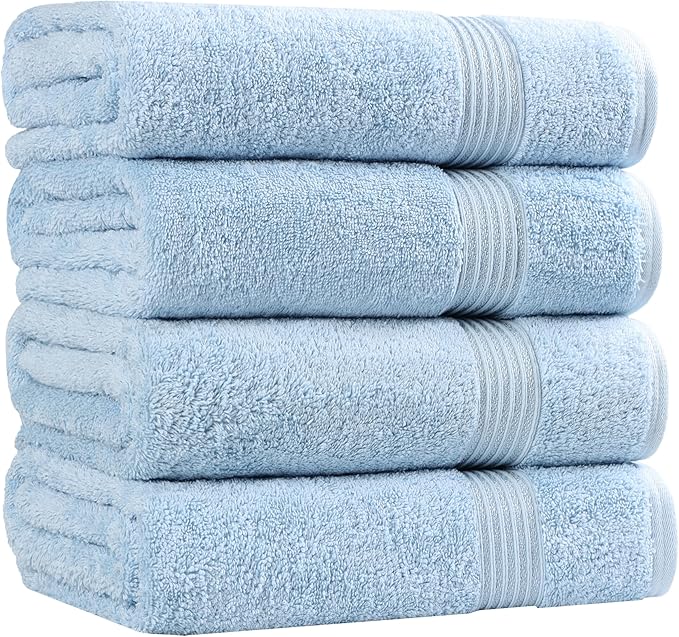 Superior Heritage Egyptian Cotton Bath Towel Set, Large Body Towels for Home Bathroom, Master, Guest Bath Decor, Plush, Absorbent Basics, Spa, Hotel, Resort, Luxury Essentials, Set of 4, Light Blue