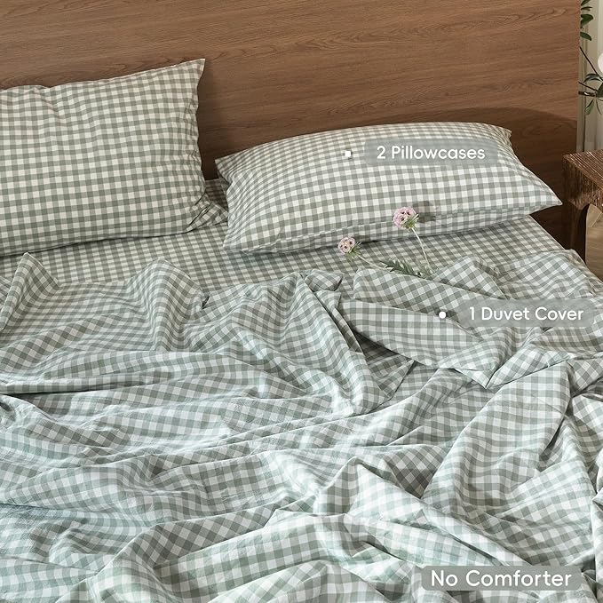 MooMee Gingham Duvet Cover Set 100% Washed Cotton Linen Like Textured Breathable Durable Soft Comfy Modern Checkered Design (Sage Green Gingham, Palatial King/Oversized King 120"x98")
