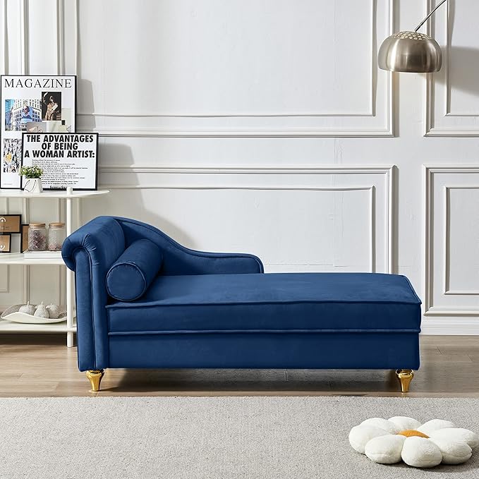 60.6''Velvet Chaise Lounge Indoor, Modern Velvet Lounge Chair with Left Armrest & Lumbar Pillow,Button Tufted Lounge Sofa with Storage for Bedroom, Living Room and Office，Navy Blue