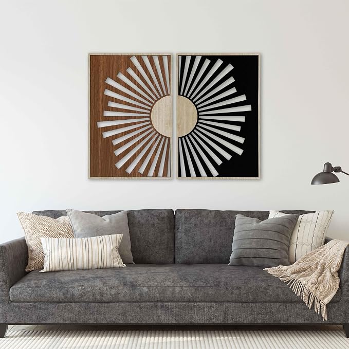 Boho Sun Wood Wall Art Set of 2, Mid Century Modern Sunburst Wall Decor, Celestial Wooden Diptych Panels, Geometric New House Gift for Living Room and Bedroom