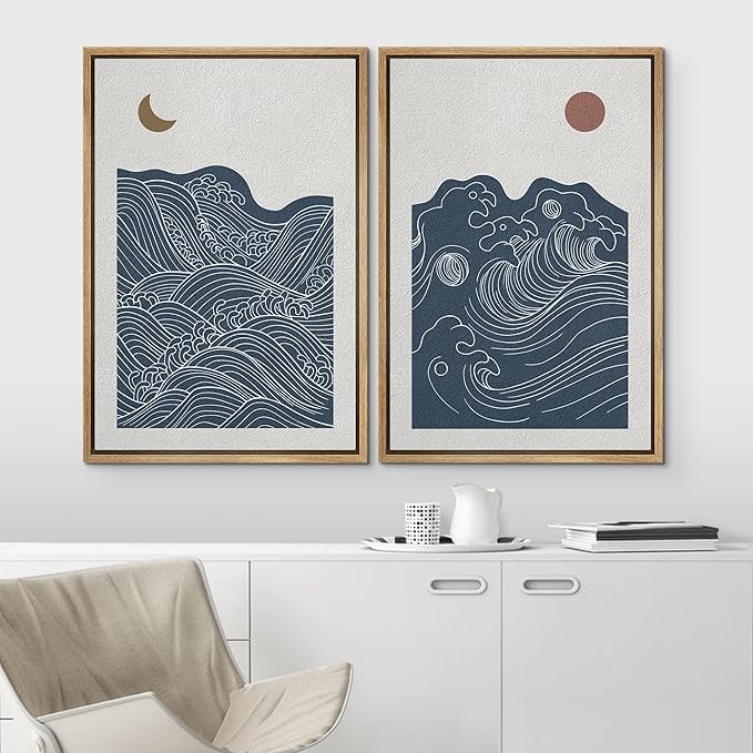 IDEA4WALL Framed Canvas Print Wall Art Set Crescent Moon Sun Ocean Waves Abstract Shapes Illustrations Modern Art Decorative Bohemian Calm/Zen for Living Room, Bedroom, Office - 24"x36"x2 Natural