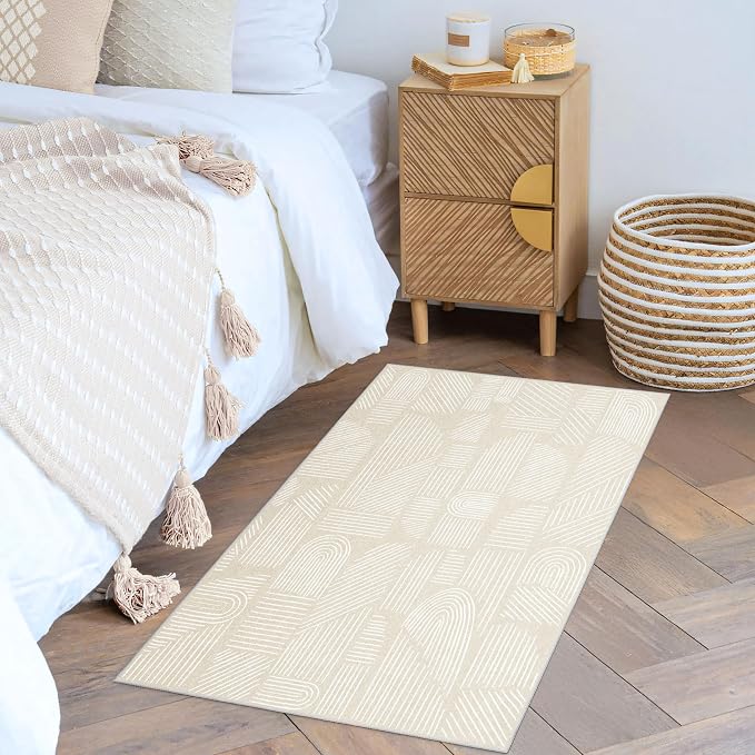 MUJOO 2x3 Washable Rug,Mid Century Modern Abstract Non Slip Low Pile Small Area Rug,Neutral Beige and White Rug for Entryway Bathroom Kitchen Bedroom