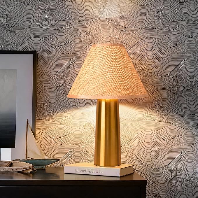 Brass Gold Rattan Table Lamp for Bedroom, Modern Wicker Lamps for Bedside Nightstand, Small Table Rattan Shape Lamps for Small Spaces for Kitchen Counter, Home Office, Living Room, Kids Dorm
