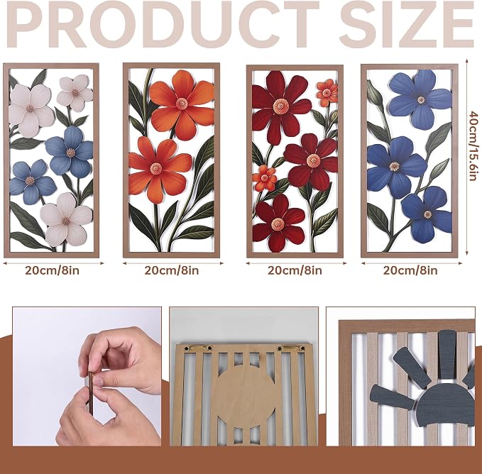 SHENGTIAN 4 Piece Boho Flower Wall Art - Geometric Wood Wall Art, Aesthetic Room Decor, Flower Market Art, Narrow Vertical Abstract Floral Art, Over Bed Wall Decor for Living Room Bedroom Office