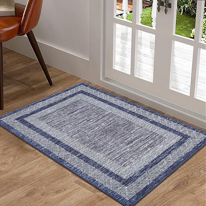GarveeHome Modern Geometric Area Rug 2x3 Distressed Bordered Washable Non Slip Floor Small Carpet Non Shedding Thin Soft Low Pile Rug, Contemporary Navy Blue Rug for Dining Room, Living Room