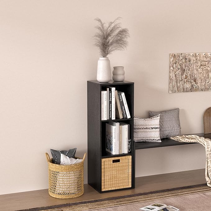 Wooden Cube Storage Organizer with Closed Back Panel,Black Cube Shelf Cubby Storage Organizer with Compartments for Living,Bookshelf,Storage Organizers (Black, 3 Cube-11in)
