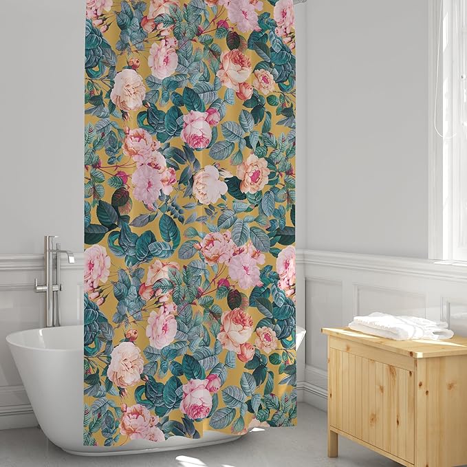 Yellow Pink Peonies Floral Print Shower Curtain - Pretty Flower Pattern - Modern Colorful Classic Design - Vintage Style Cool Fabric Shower Curtain For Any Bathroom - 72x72 Inches (Yellow Floral)