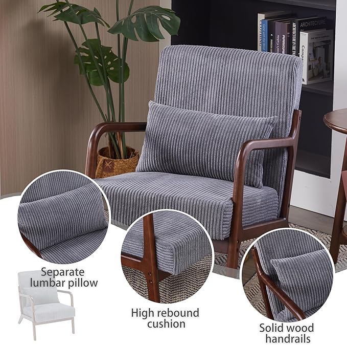 Accent Chairs, Mid Century Modern Chair with Pillow, Arm Chair with Solid Wood, Reading Relaxing Leisure Chair for Living Room, Waiting Room,Grey