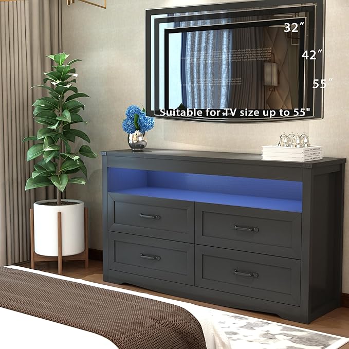 Black Dresser for Bedroom, Wood 4 Drawer Dresser with LED Light, Dressers & Chests of Drawers with Metal Handles, Storage and Organization for Bedroom, Hallway, Entryway