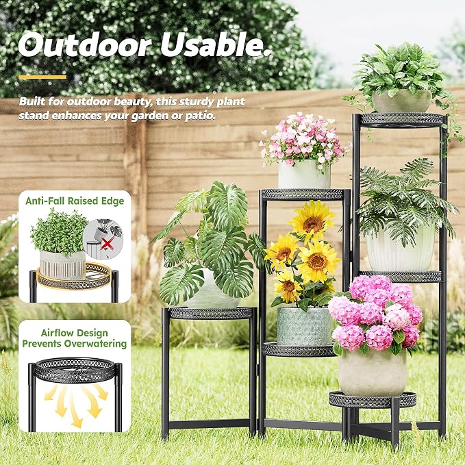 Metal Plant Stand Indoor Outdoor, 6 Tier Tall Flower Pot Holder Potted Display Rack Shelf, Heavy Duty Corner Plant Shelf for Patio Garden Balcony Living Room Bedroom - BlackS