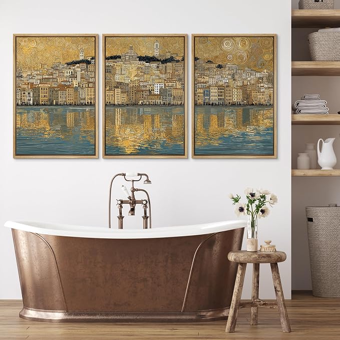 wall26 Framed Print Wall Art Set Golden Cityscape Reflection Gustav Klimt Inspired Coastal TownDecorative Minimal Relax/Zen for Living Room, Bedroom, Office - 16"x24"x3 NATURAL
