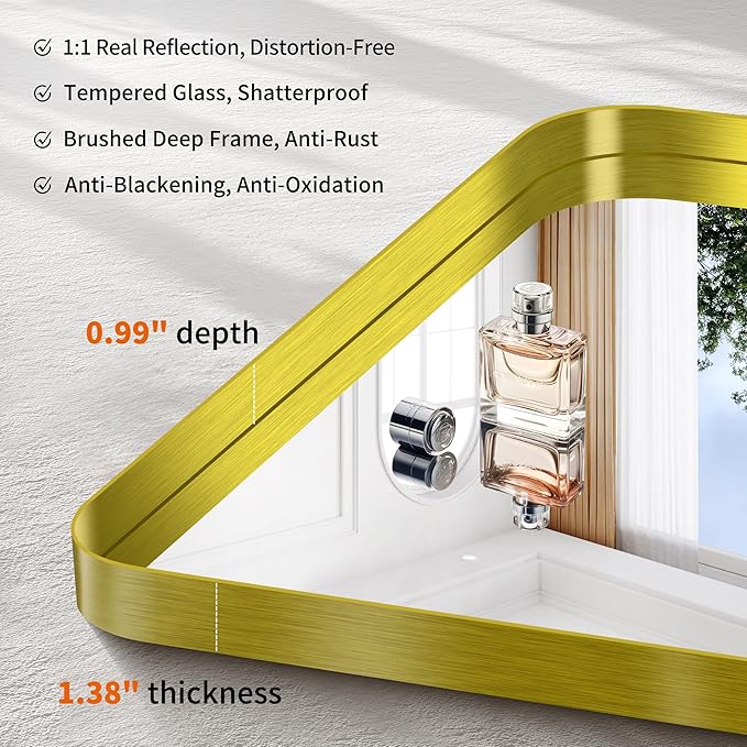 CIRCUMI Gold Bathroom Mirror, 24"x48" Rectangular Mirror with Deep Metal Frame, Rounded Corner, Tempered Glass, Large Mirror for Wall, Over 2 Sinks, Installed Vertically/Horizontally, Crystal-Clear