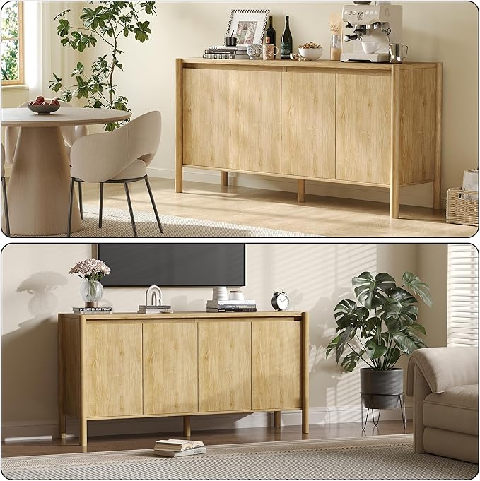 59" Wide Oak Buffet Cabinet Storage,4 Doors and Adjustable Shelves,Solid Wood Round Legs,Wood Mid Century Sideboard for Kitchen,Living Room,Coffee Bar.
