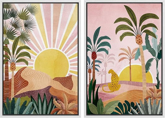 IDEA4WALL Framed Canvas Print Wall Art Set Sunlight Over Tropical Jungle Cheetah Cat Nature Wilderness Digital Art Modern Art Decorative Animals for Living Room, Bedroom, Office - 16"x24"x2 White
