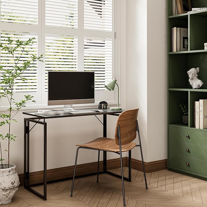 alawooder Folding Desk - 39.4” Wood Top Foldable Desk for Small Spaces | No Assembly Required Compact Desk for Home Office, Writing, and Study