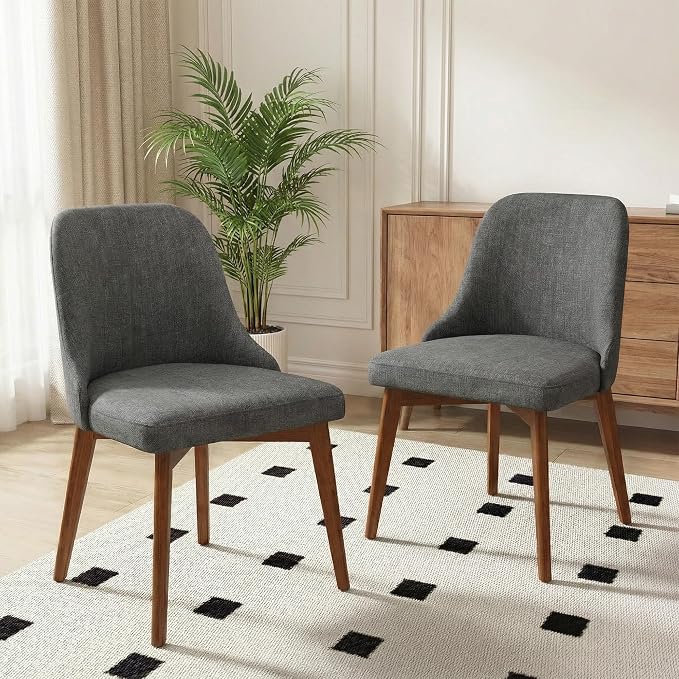Casaphoria Set of 2 Upholstered Dining Chairs, Dark Grey Fabric Kitchen Chairs with Walnut Wood Legs, Modern Accent Chairs for Dining Room, Living Room or Kitchen