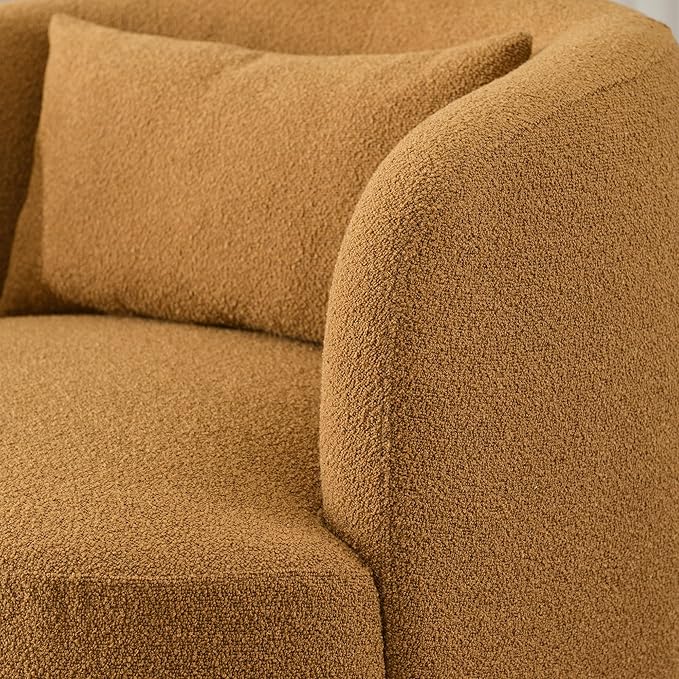 KINWELL 34" Wide Boucle Swivel Barrel Chair, No Assembly Round Upholstered Armchair Accent Chair Single Sofa Chair with Toss Pillow for Living Room and Bedroom, Brown