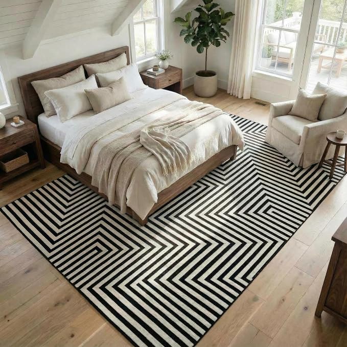 Washable Modern Lines Large Rug 10x13 for Living Room Modern Geometric Rugs Low Pile Soft Bedroom Carpet Thin Foldable Abstract Floor Carpet for Dining Kids Room Playroom, Black