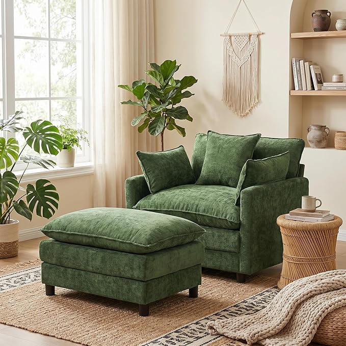 GRAVFORCE Oversized Chair with Ottoman, Comfy Upholstered Chaise Lounge Chair, Accent Indoor Reading Chairs for Living Room, Bedroom (Green)