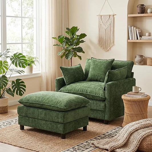 GRAVFORCE Oversized Chair with Ottoman, Comfy Upholstered Chaise Lounge Chair, Accent Indoor Reading Chairs for Living Room, Bedroom (Green)
