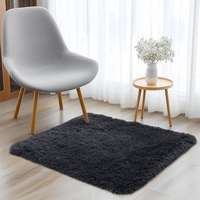 OLANLY 2x2 Machine Washable Small Rug, Soft Fluffy Shaggy Throw Rug for Bedroom, Entryway, Indoor Floor Carpet for Kids, Nursery, Home Decor, Black