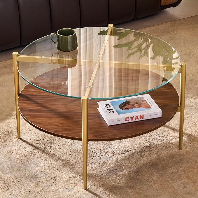Shrine Round Glass Coffee Table, Mid-Century Modern Design, D30 x H17 in, 2-Tier Structure, Clear Glass Top and Walnut MDF Shelf, Sleek Conical Metal Legs with Gold Finish