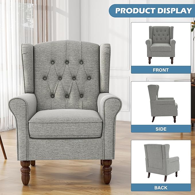 High Back Accent Chairs Set of 2, Upholstered Armchair in Fabric, Retro Wingback Arm Chair for Living Room, Comfy Single Sofa Bedroom Reading Seat with Solid Wood Legs - Light Gray