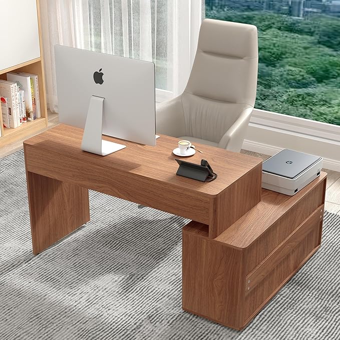 Modern Computer PC Desk Table with Storage, Corner L Shaped Desk with Drawers, Home Office Desk for Bedroom and Small Space, for Writing, Executive, Study, Work, Vanity - Walnut