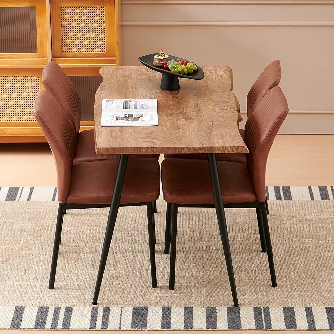 Dining Table Set for 4, Modern Wood Irregular Rectangle Dining Table,Leather Dining Chairs 4,Table and Chairs Set of 4 for Kitchen Dining Room, Brown