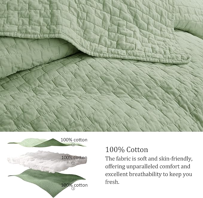 palassio Sage Green 100% Cotton Quilt King Size Bedding Sets with 2 Pillow Shams, Textured Lightweight Soft Bedspread Shabby Chic Coverlet, Quilted Comforter Bed Cover for All Season, 3 Pieces