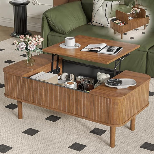 Fluted Lift Top Coffee Table with Storage, Mid Century Modern Coffee Table for Living Room, Home Small Space,39.4" Fluted Center Table (Rectangle-Walnut, 39.4inch)