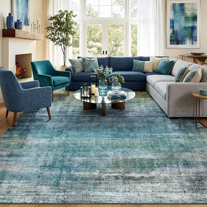 Kokia Abstract Teal Area Rugs 8x10 Bedroom Soft Living Room Rugs Washable Distressed Vintage Comfy Carpet with Non-Slip Backing for Farmhouse Home Office Room Decor, Blue and Green