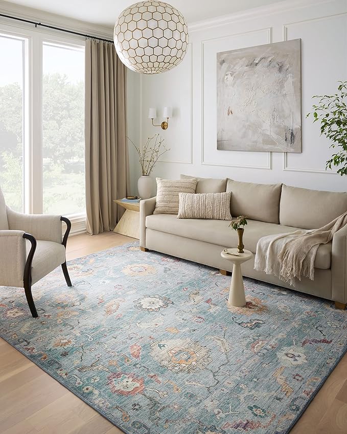 Loloi Margot Collection MAT-06 Denim/Multi 7'-6" x 9'-6" Area Rug feat. CloudPile, No-Shed Easy Clean Large Patterned Area Rug for Living Room, Bedroom, Dining Area