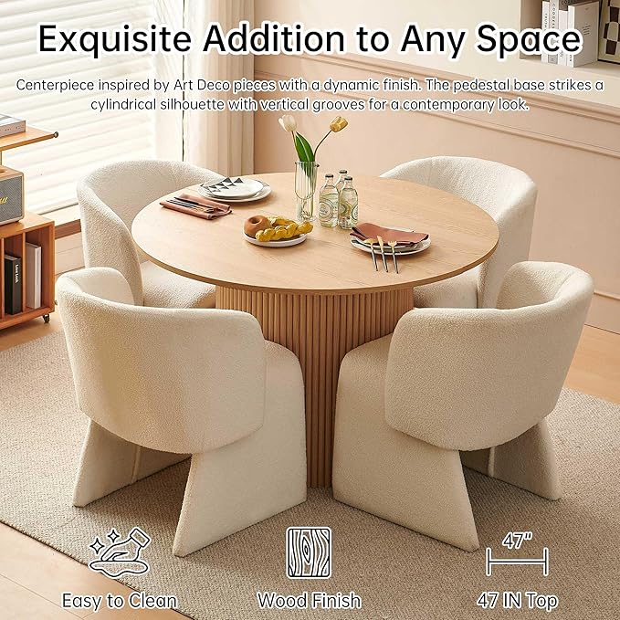 NORDICANA 5-Piece Round Dining Table Set for 4, Rustic 47-Inch Kitchen Table and Chair Set, Dining Set with Off White Upholstered Armchairs, Manufactured Wood Top with Oak Veneer