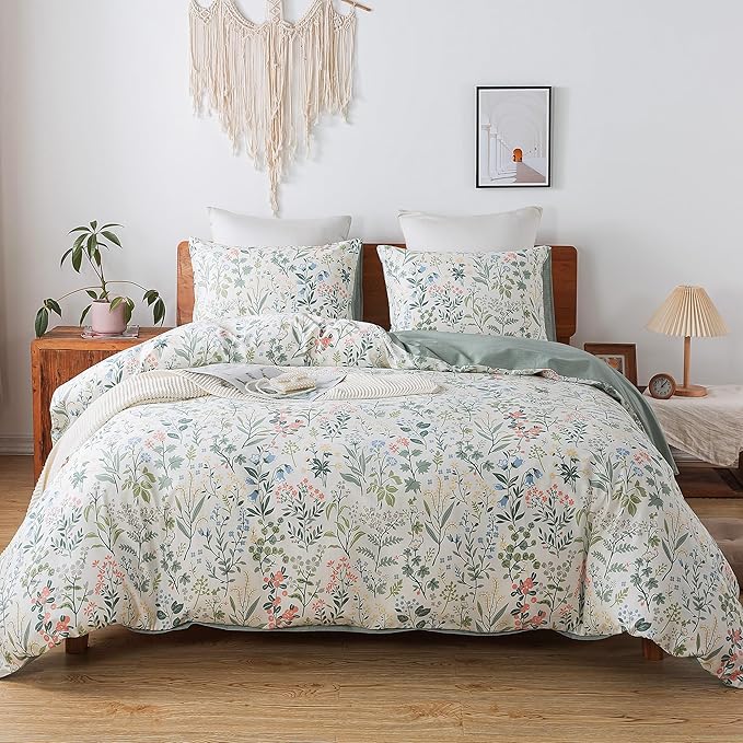 HoneiLife Duvet Cover Twin Size - 100% Cotton Comforter Cover Floral Duvet Cover with Zipper Closure & Corner Ties,2-PCS Wildflower Comforter Cover Sets- Fragrant Grass