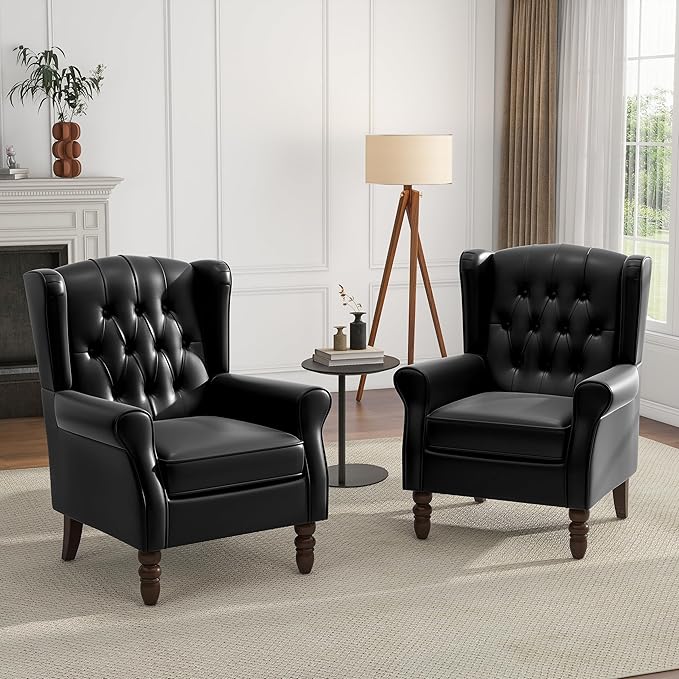 Faux Leather Accent Chairs Set of 2, High Back Upholstered Armchair for Living Room, Wingback Chair Comfy Single Sofa Bedroom Reading Seat with Solid Wood Legs - Black